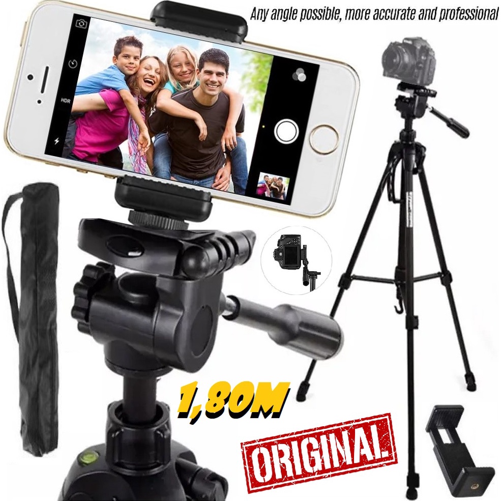 Tripé 1,80m Universal Profissional Câmera Suporte Celular Pedestal Telescópico Fotográfico Foto Vídeo Selfie + Bolsa