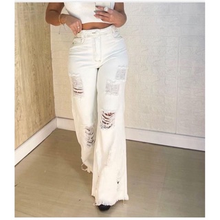 Calça Jeans Cintura Alta WideLeg Off White Branco Destroyed Moda Gringa Reveillon moda