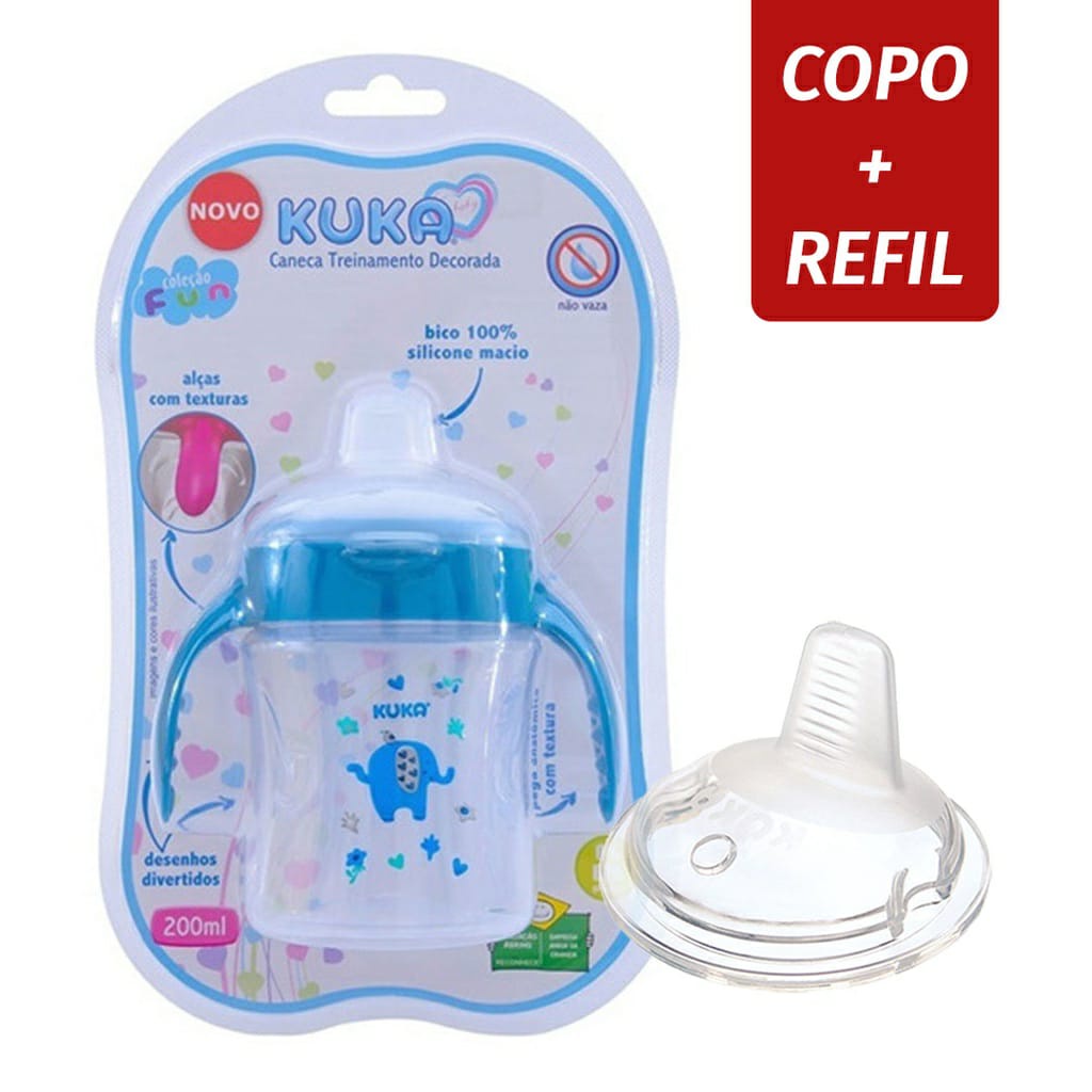 Caneca Treinamento Transição Kuka Bico de Silicone Com Alça 200ml + Refil Reserva Bico de Silicone
