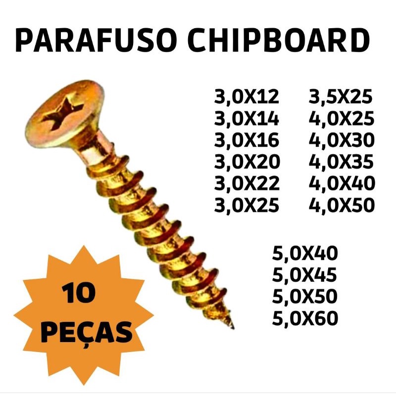 Parafuso Chipboard para Madeira Bicromatizado Kit com 10 Peças