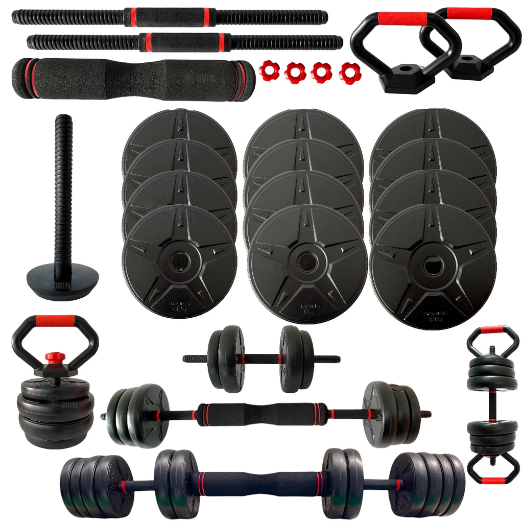 Kit Halteres Musculação Kettlebell Barra Anilhas 6 em 1 Peso 20kg Academia