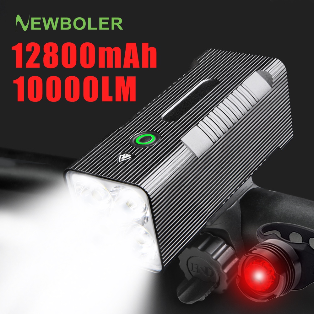 Newboler 10000 Lumens Bike Light Frente 12800mAh USB Recarregável À Prova D'água Farol De Bicicleta 4P90 LED Super Brilhante Luz Frontal E Traseira De Alumínio Concha