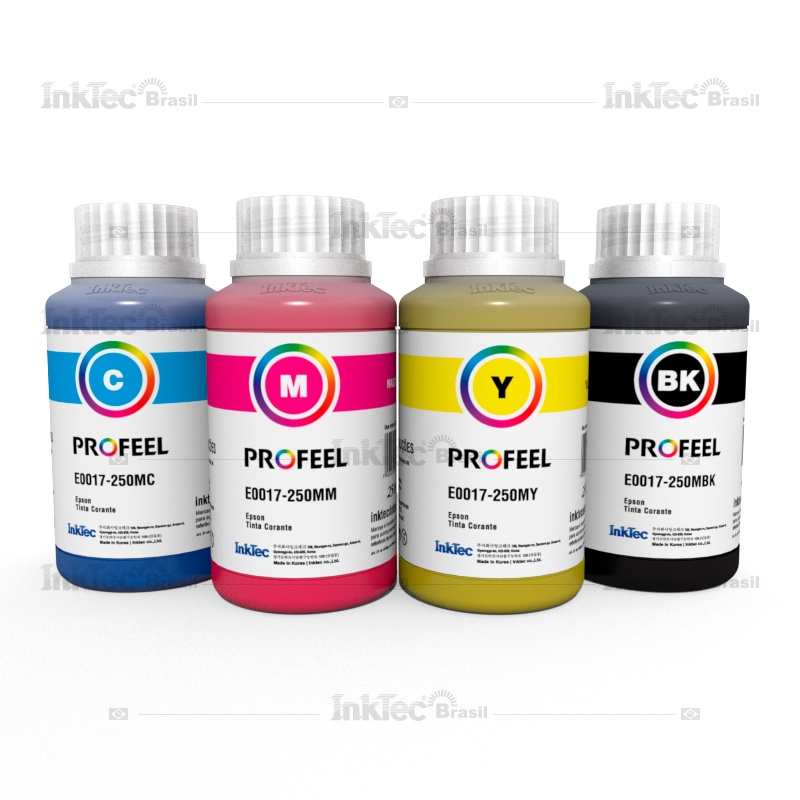 Kit 4x250ml Tinta Corante InkTec Profeel E0017 compatível com impressoras Epson Jato de Tinta L110 L120 L210 L220 L355 L365 L375 L395 L396 L455 L395 L496 L555 L575 L595 L596 L800 L805 L850 L3110 L3150 L5190 L2170 L1300