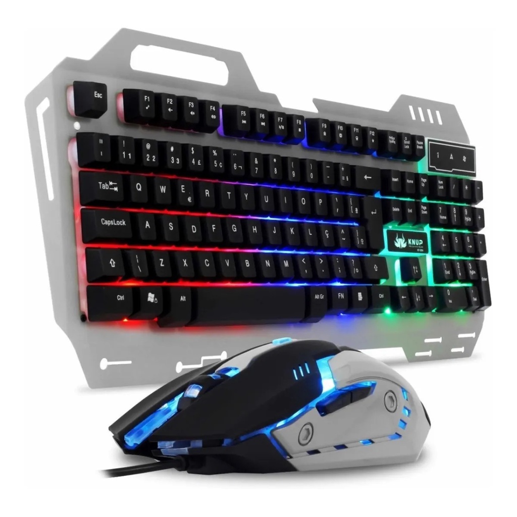 Conjunto Teclado e Mouse Óptico Gamer Semi Mecânico Led RGB Knup KP-2054 Cinza