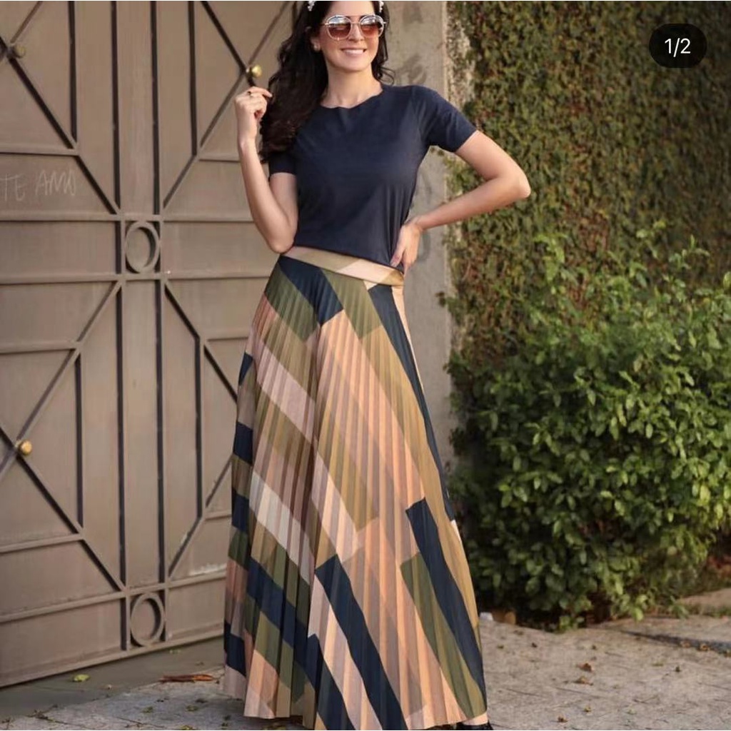 Saia plissada Longa - Estampas Geométrica - Cintura Alta - Moda Evangélica-082 em Oferta na Shopee