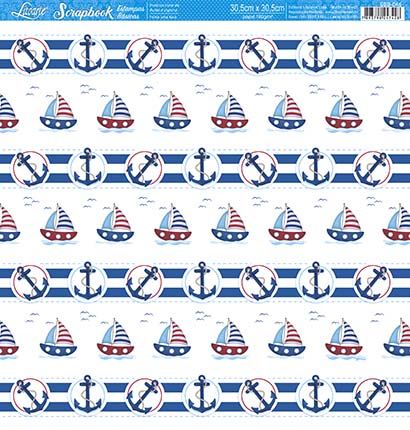 Papel Para Scrapbook Folha Simples Barcos, Âncoras, Listras Litoarte SBB-046 30,5x30,5
