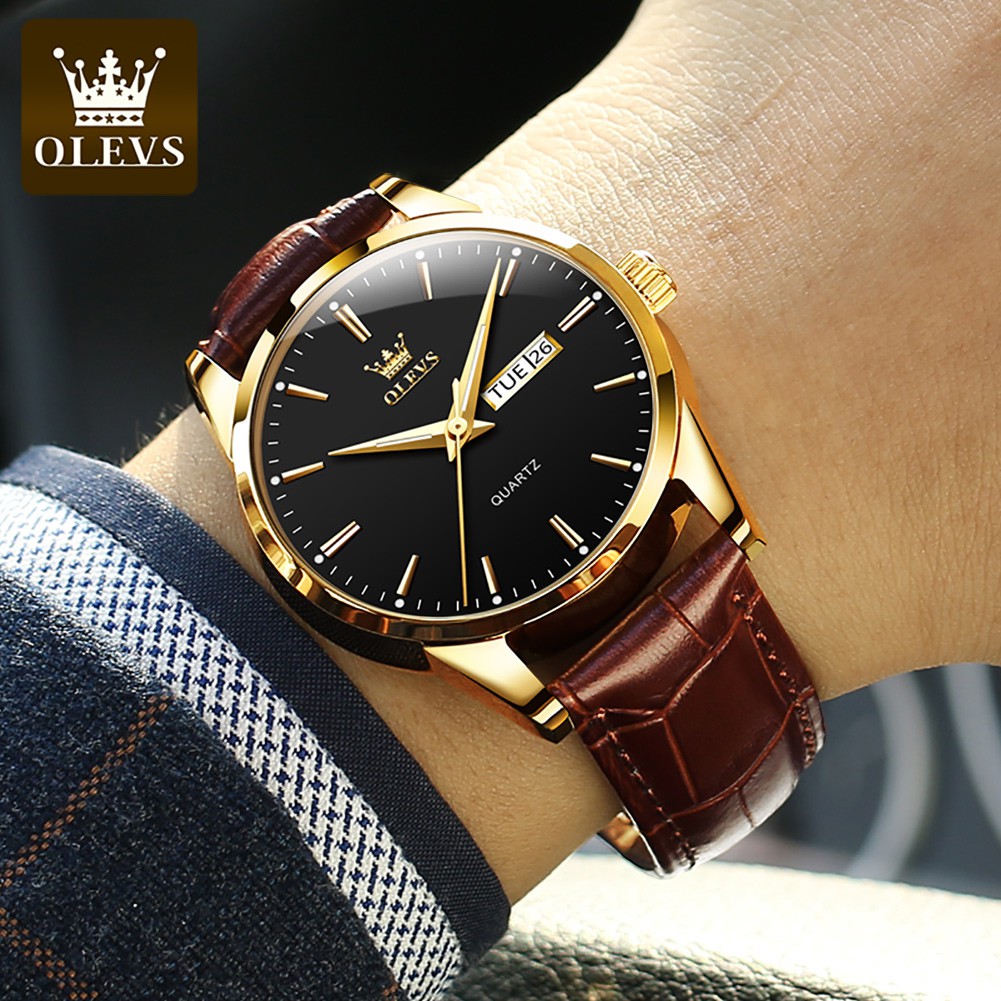 OLEVS relogio relógios masculinos luxo prova da água original couro preto 6898 - Watches