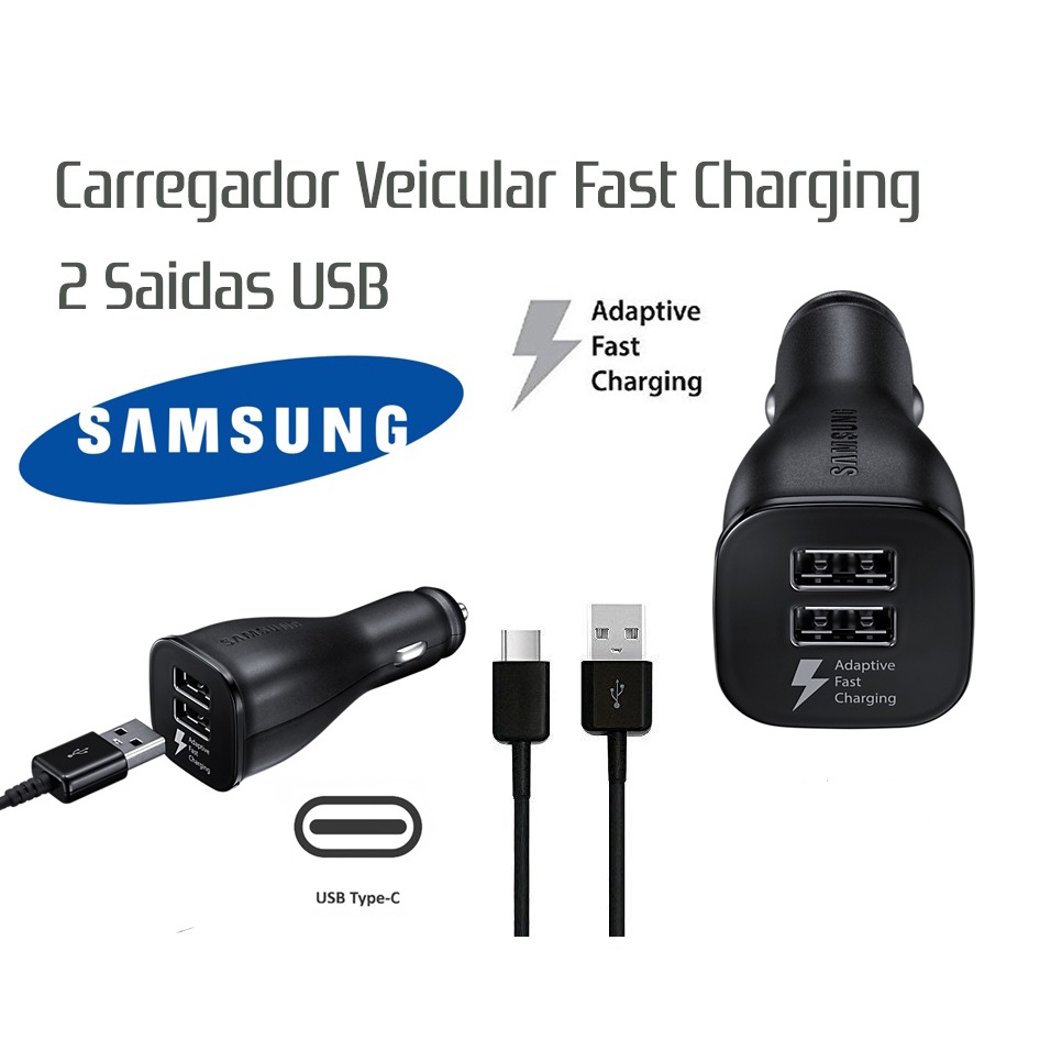 Carregador Veicular Para Samsung Galaxy S8 S9 Galaxy Note 8 Note 9 Galaxy S10 S10e S10 Lite S10 Plus Galaxy S20 S20 Plus S20 Ultra S21 Galaxy A50 A80 A71 Galaxy A51 A72 Galaxy Note 20 A52s M62 M12 A42 M42 Galaxy M22 USB-C 2 Saidas Carro 12v