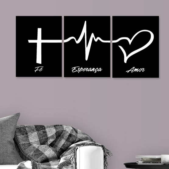 Quadros Decorativos MDF 3 Peças - Kit Fé, Esperança e Amor - Home & Living