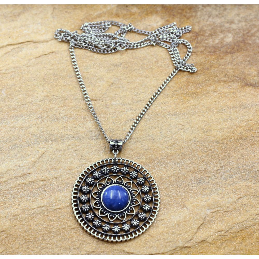 Colar mandala longo pedra azul prateado bijuterias femininas moda e acessorios