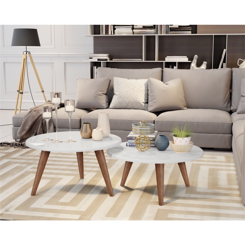Kit 2 Mesas de Centro Para Casa Sala De Estar Decorativa Redonda Com Pés Palito Madeira