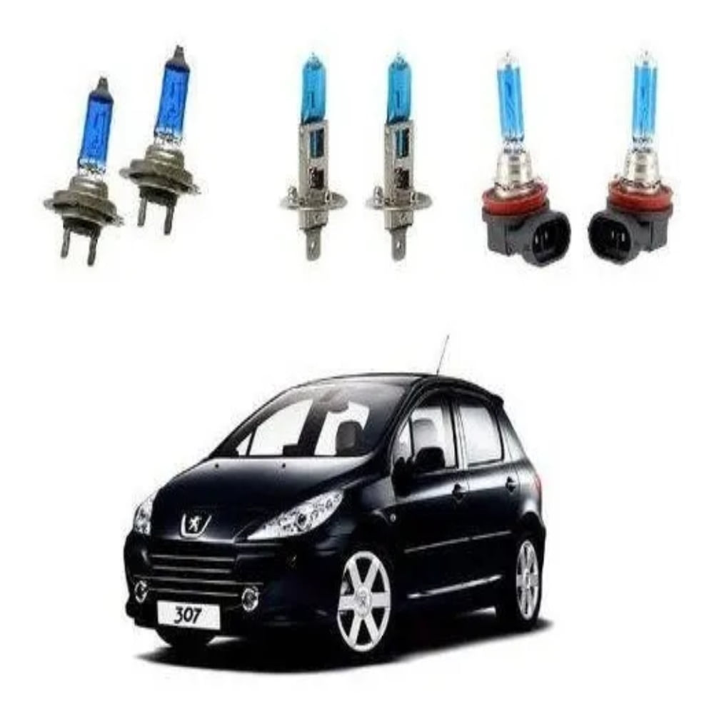 Kit Lâmpadas Super Branca Farol Alto  H1 Baixo H7 Milha H11 Peugeot 307