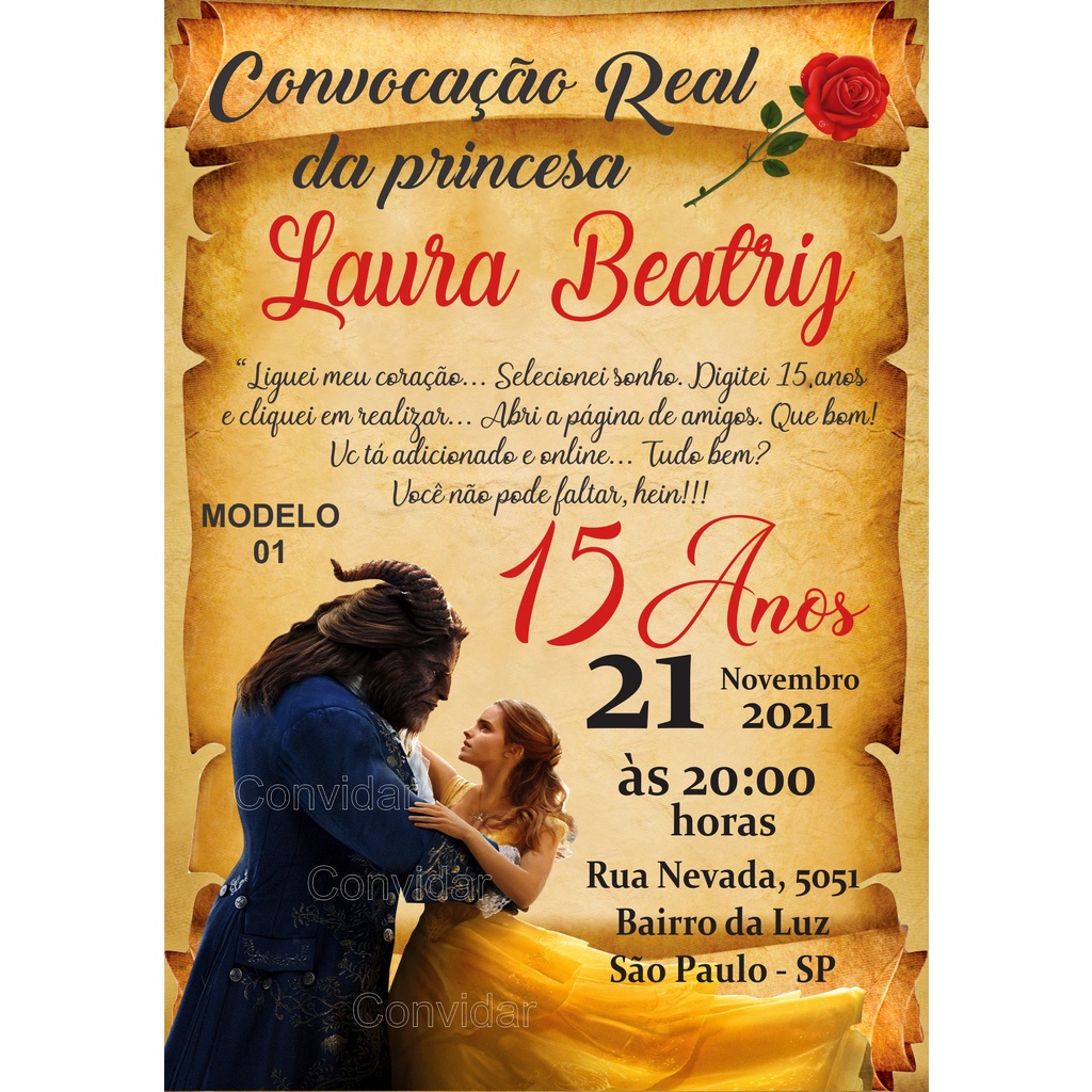 50 Convites Pergaminho a Bela e