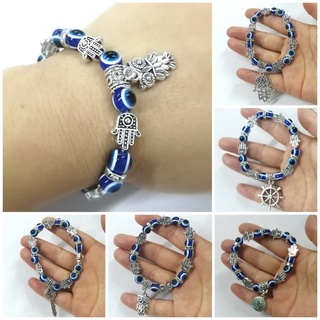 kit de 6 pulseiras miçangas de olho grego azul com pigente elástico