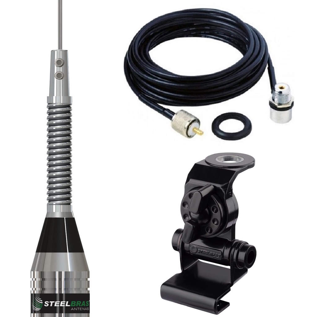 Antena Móvel VHF 130-512mhz 1/4 de Onda Mola na Base Steelbras Ap4186 + Cabo Coaxial 5,5 Metros  +  Suporte Bi-Articulado Porta Malas Hatch Sedan