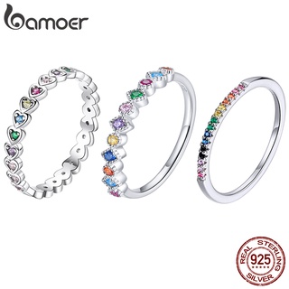 Anel Bamoer 925 Prata Zircônia Arco-Íris Estilo Empilhável Joias Para Mulheres Presentes Meninas