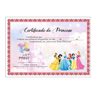 Certificado de Princesa - 1º Brinco 20 Unidades Personalizado