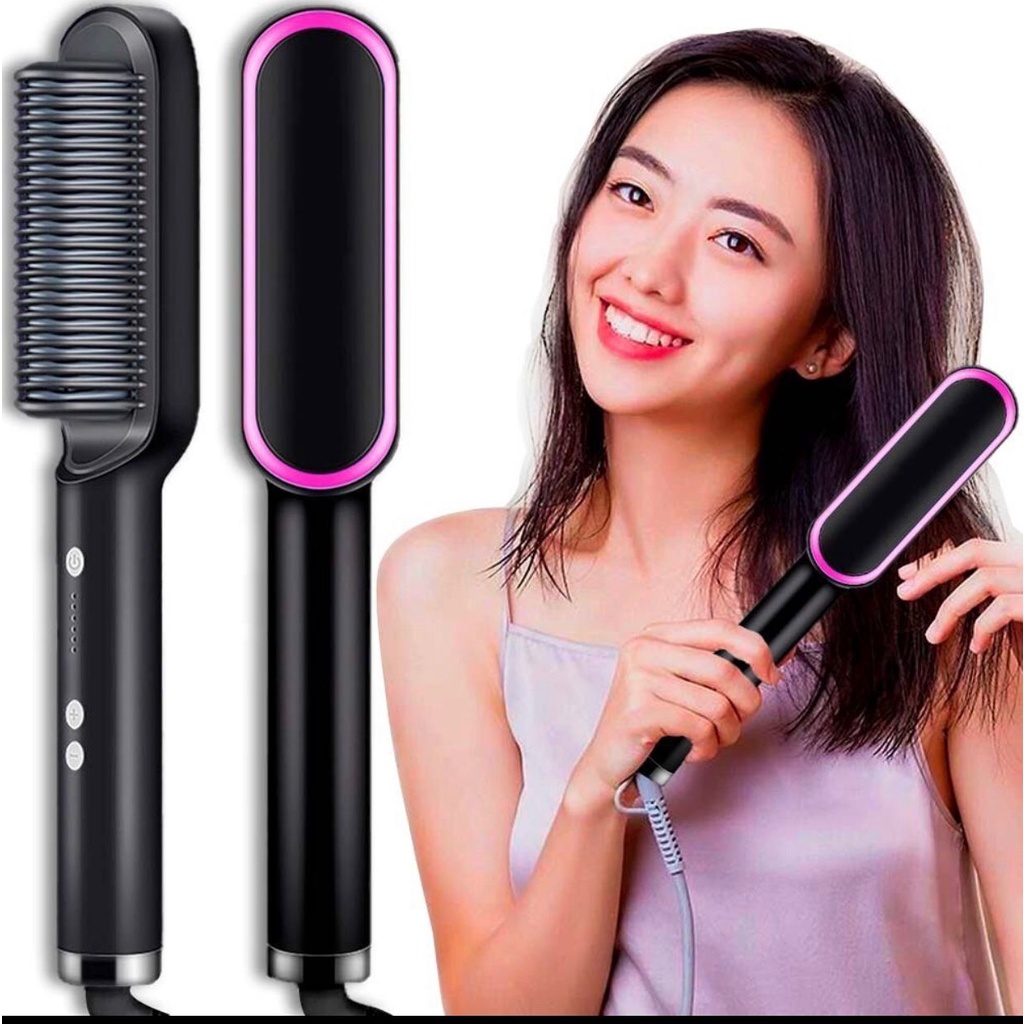 Escova Alisadora De Cabelo Modeladora De Pente Cerâmica Profissional Preto Com Roxo Bivolt 110v/220v BBG-10065