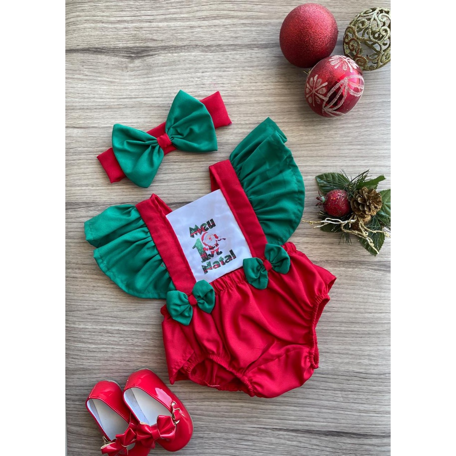 Romper temático natal mamãe noel jardineira para mesversário body meu primeiro natal ensaio fotográfico