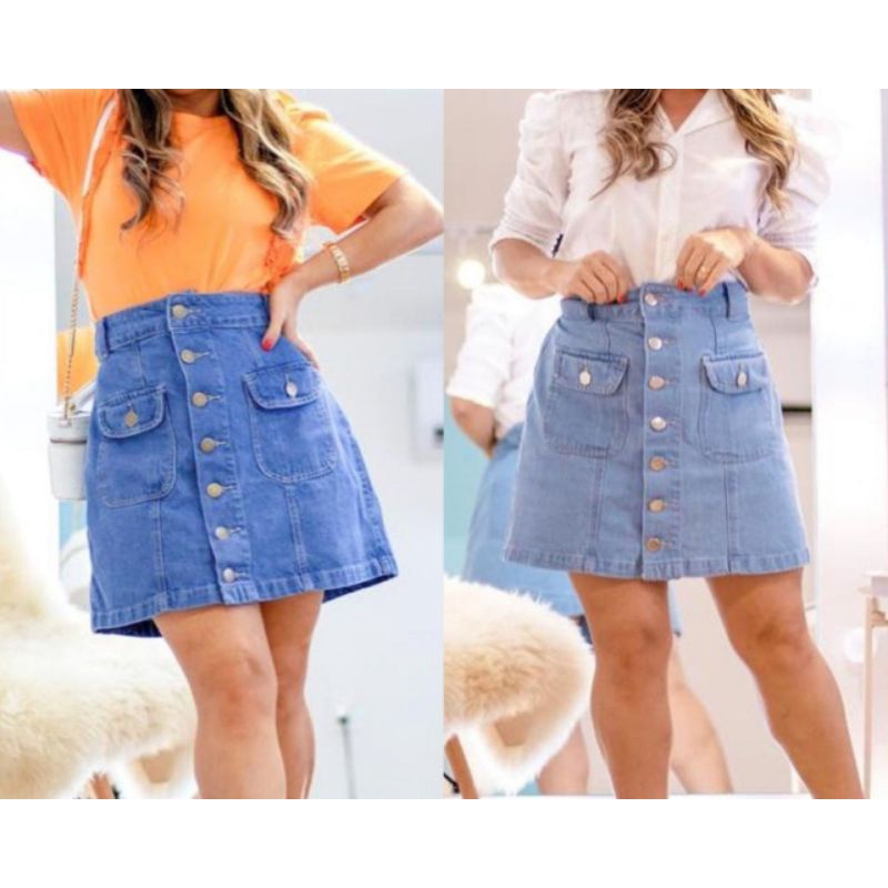 Saia Média Jeans com bolsos e botões na frente ♡ Moda Evangélica (Frete Grátis acima de 50 com cupom shopee)