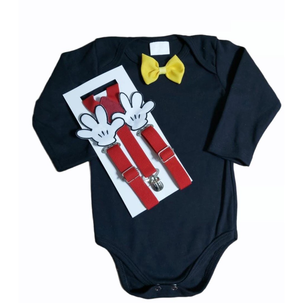 Conjunto Bebê Menino Body Manga Longa + Suspensório Temático Festa Mesversário