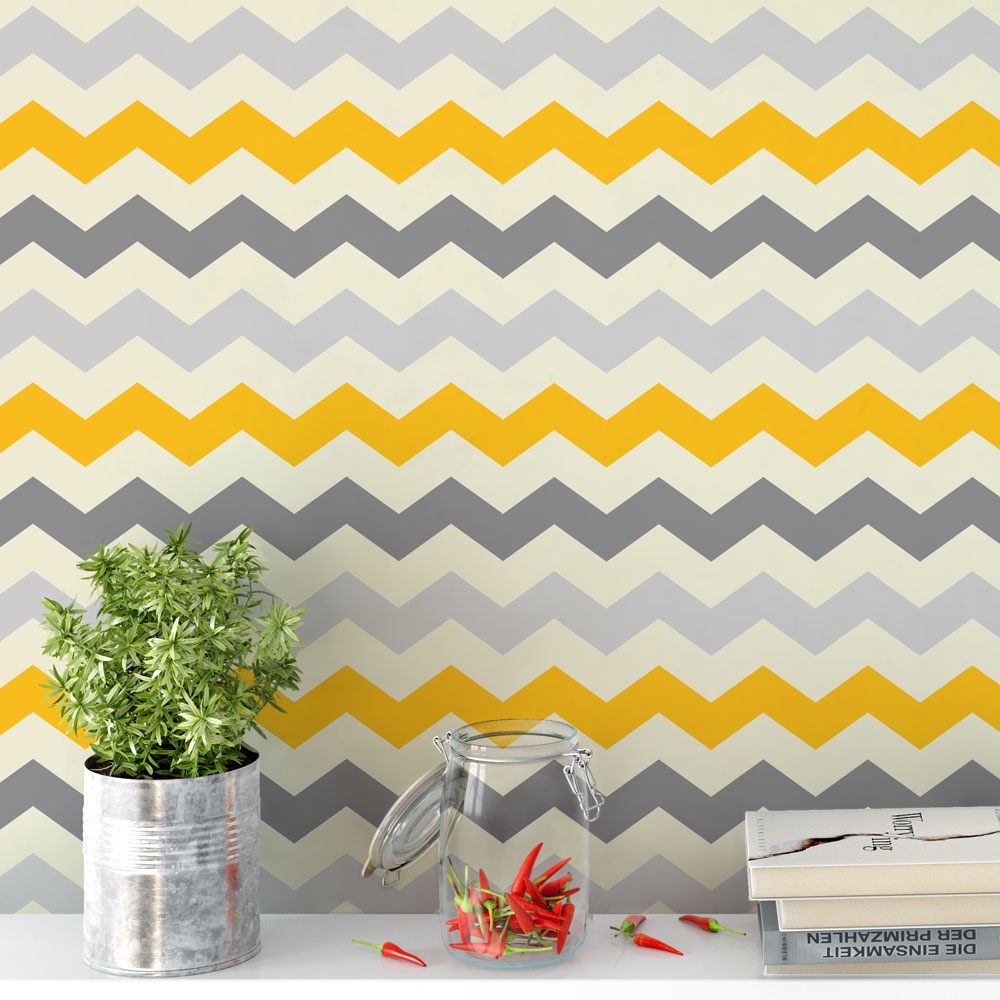 Papel de Parede Círculos Chevron Tons de Cinza e Amarelo