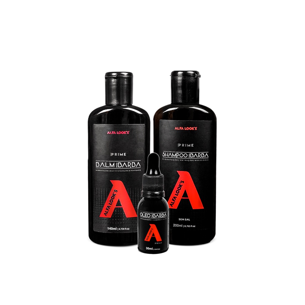 Kit para Barba Alfa Look's Prime - 1 Balm + 1 Shampoo + 1 Óleo de Barba