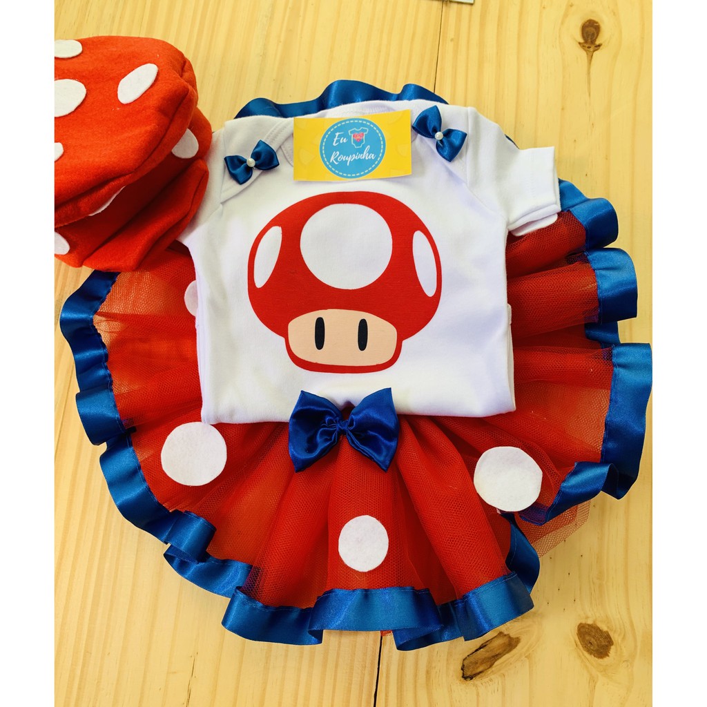 Body Cogumelo Mário Bros Fantasia Conjunto Menina Bebê Saia De Tutu Boina
