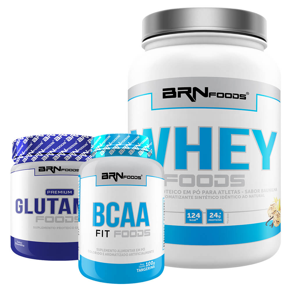 Kit Whey Foods 900g Baunilha + BCAA Fit 100gr  + Premium Glutamina 250g Baunilha – BRNFOODS