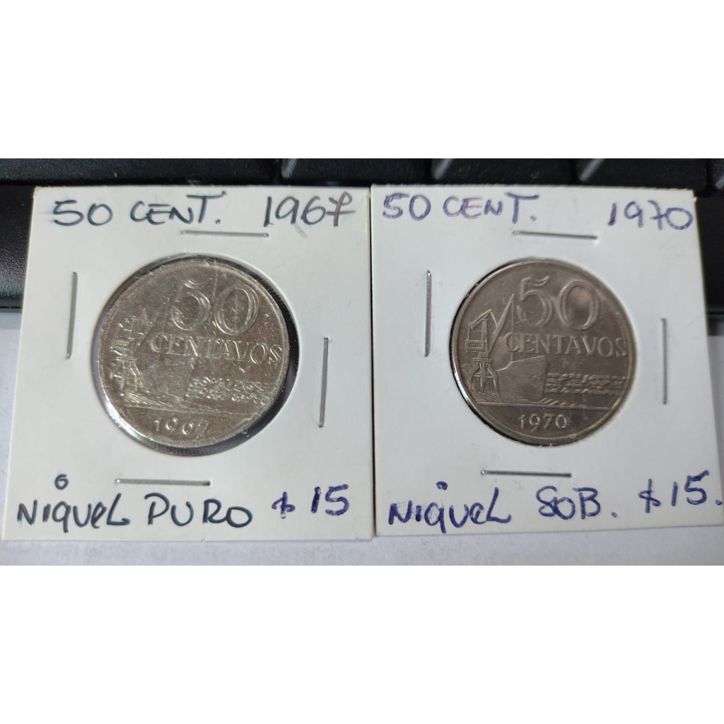 MOEDA 50 CENTAVOS 1967 NIQUEL PURO E 1970 NIQUEL