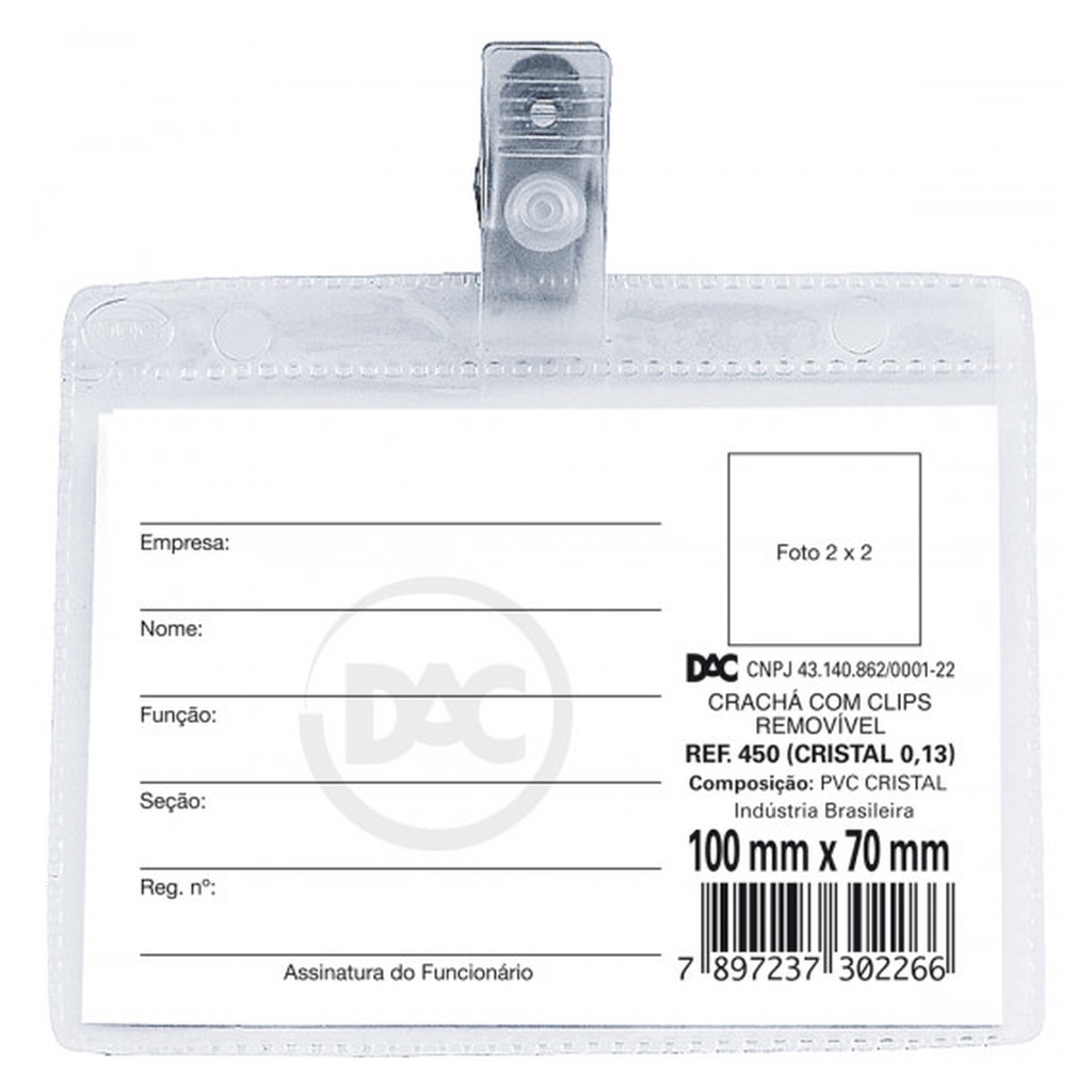 Crachá Horizontal Com Presilha 100mm x 70mm (Kit 5 e 10 Unidades) - DAC | Escritório | Protetor