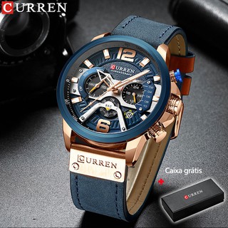 Curren Relógio De Pulso Masculino Esportivo Moderno De Luxo Azul Militar Com Pulseira De Couro 8329L