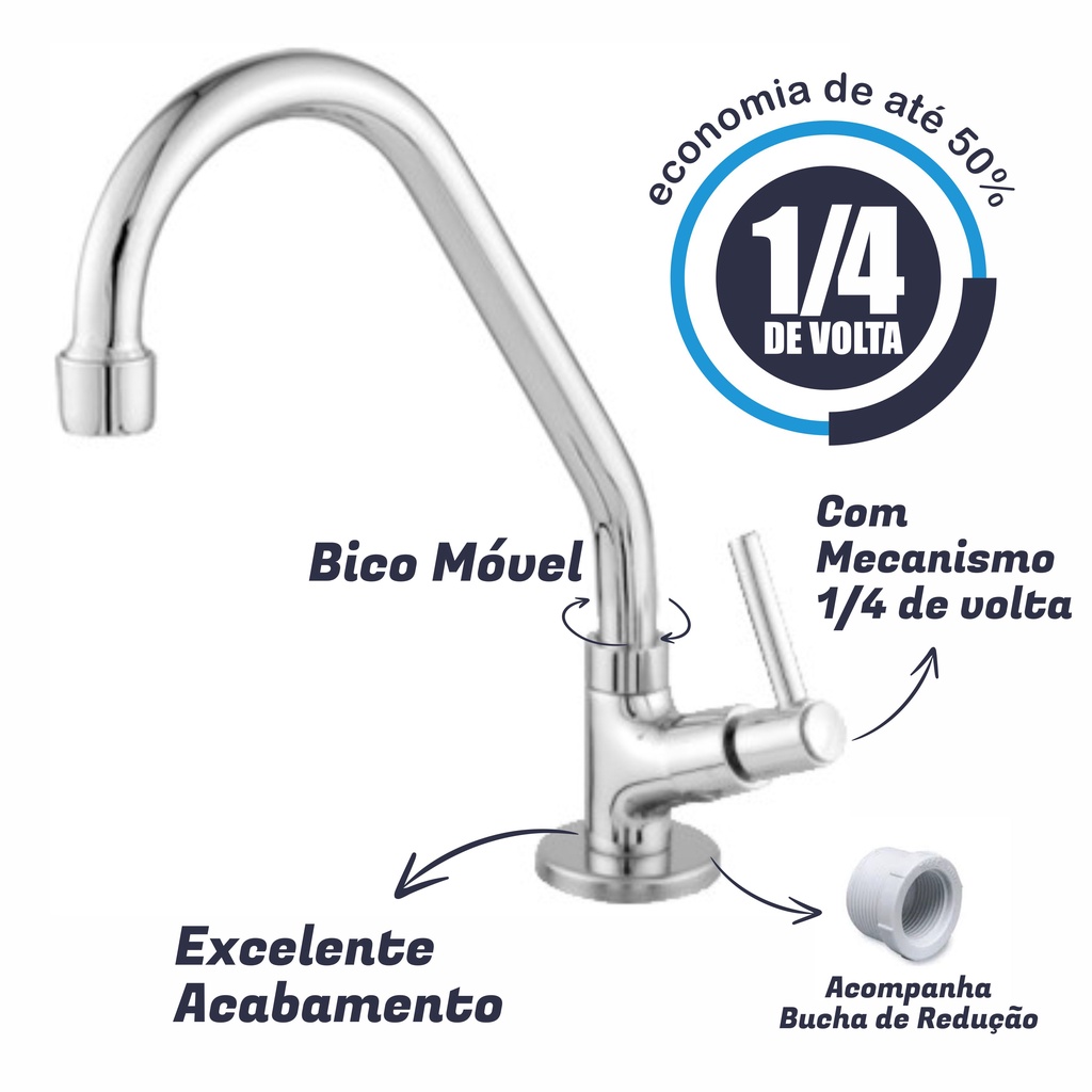 Torneira Para Cozinha Banheiro Bancada Pia Luxo em Torneira de Metal Bica Móvel