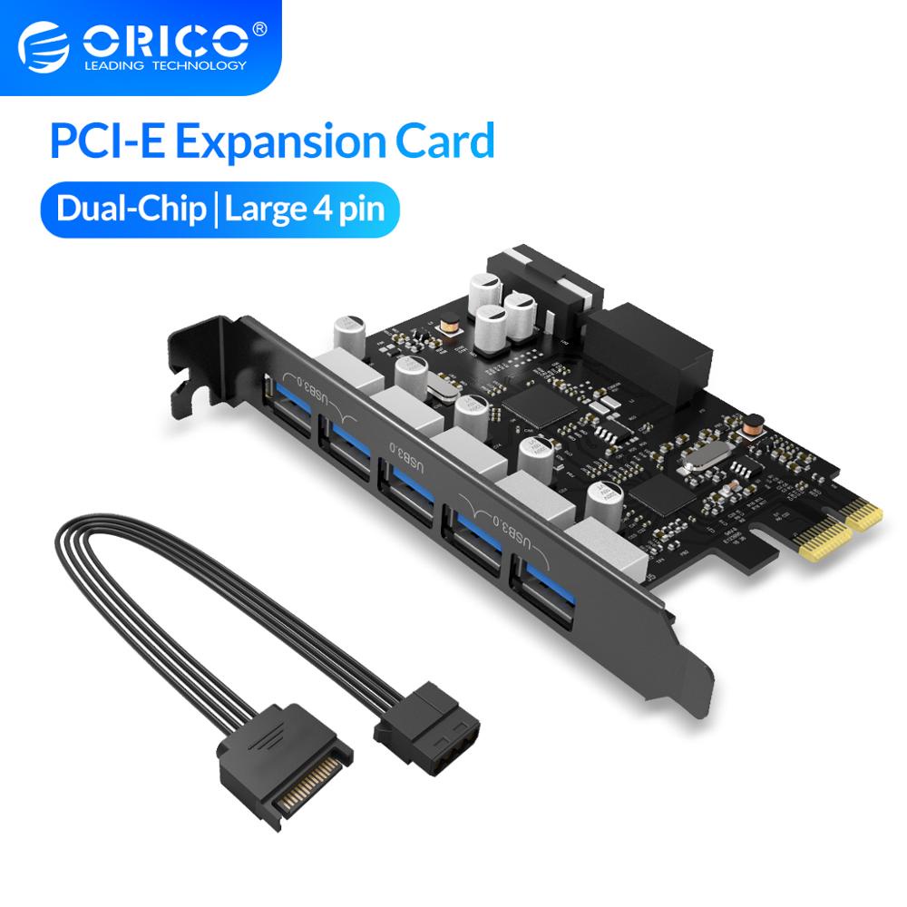 Placa de expansão ORICO USB 3.0 PCI-E 5 portas Adaptador de hub Placa expressa de controlador externo com cabo de conexão de energia de 4 pinos （PVU3-5O2I-V1）