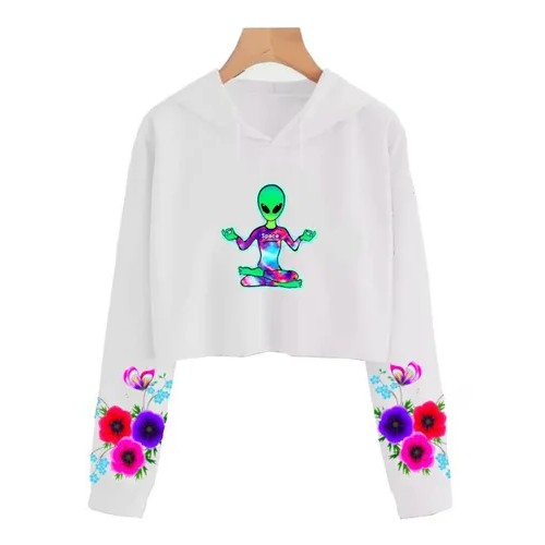 Blusa Cropped de Moletom Flores Roxa e Rosa Et A486