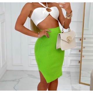 Conjunto Tricot Modal Saia Midi e Cropped de Amarrar Tendência Blogueira Verão 2022