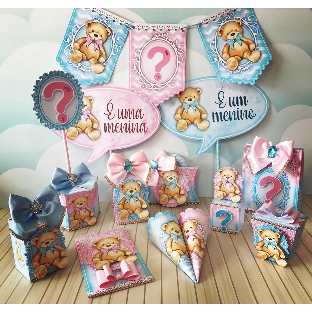 Kit Festa CHÁ REVELAÇÃO Personalizado | Lembrancinhas | Decoração Aniversário | Caixa Milk Pirâmide