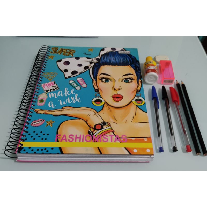 kit volta as aulas caderno 10 matérias, itens variados canetinhas vamos estudar ensino caderno fofo feminino masculino