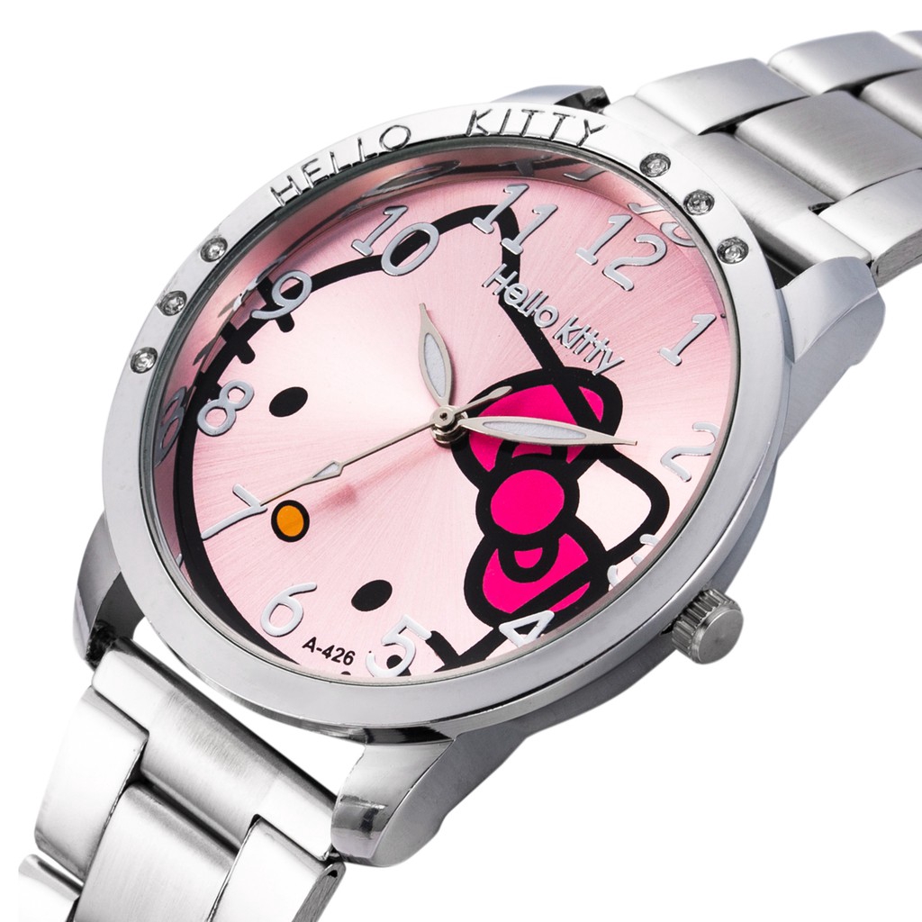 Detalhes do Relógio de Pulso de Quartzo Mostrador Hello Kitty com Pulseira de Aço Inoxidável Feminino Casual Luxuoso