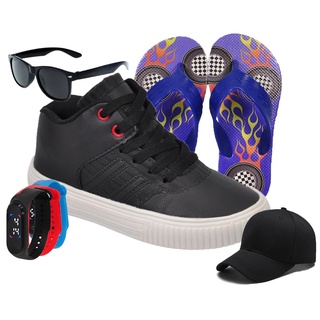 Tênis Infantil Botinha Menino Cano Alto Bota + Óculos Boné Relógio Chinelo