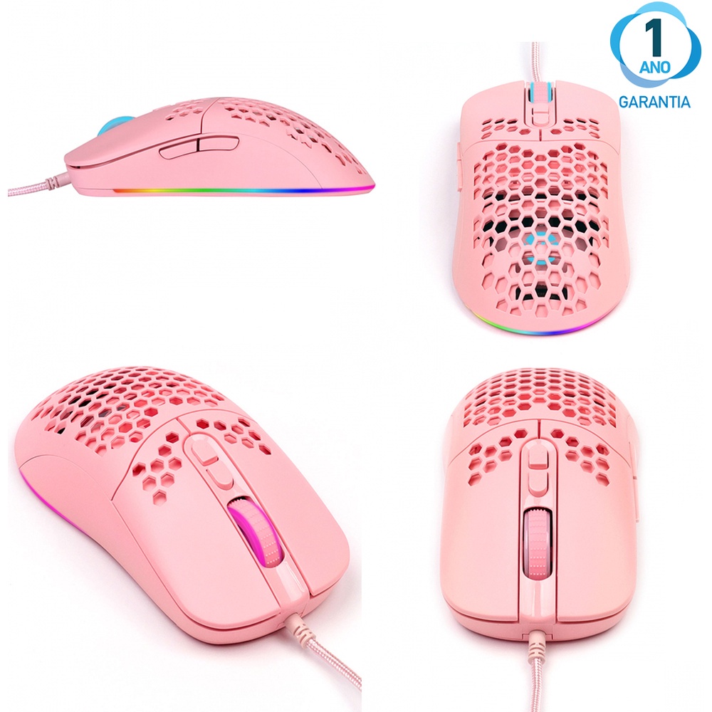 Mouse Gamer Leve 7600 DPI Óptico USB RGB 7 Botões Ambidestro Fio de 1,80 Metros cor Rosa