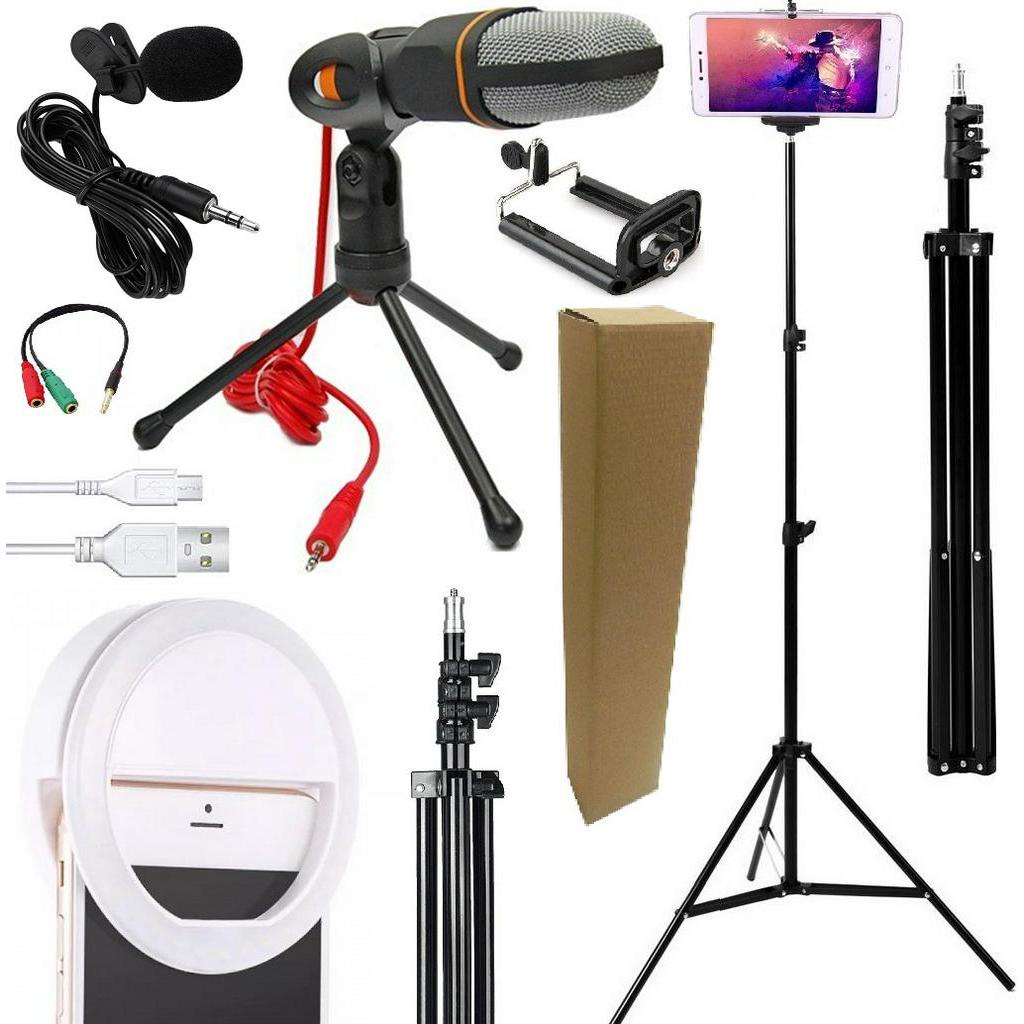 Kit Youtuber Tripé + Microfone Condensador Profissional de Mesa Celular Universal + Lapela Iluminador Led Ring Light Gravação de Vídeo