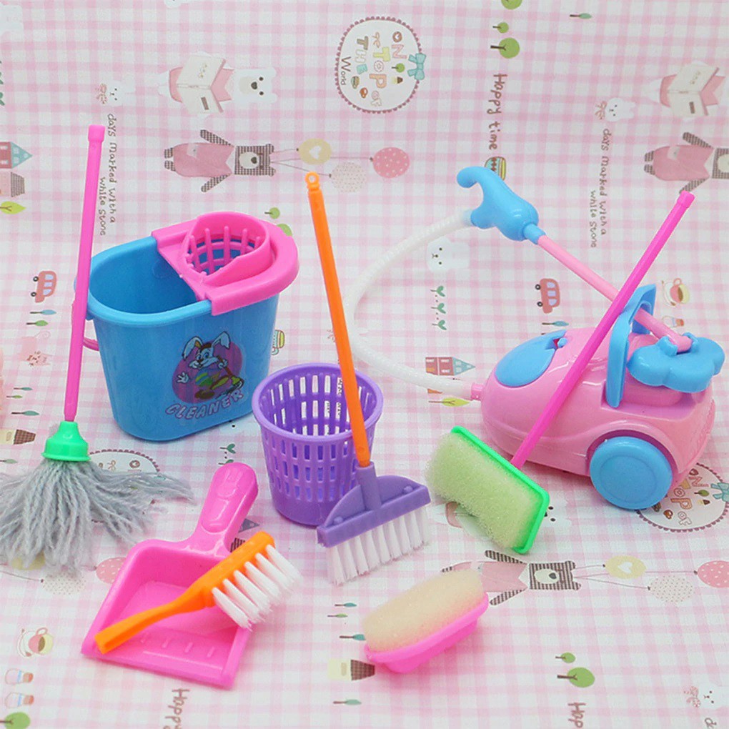 Casa de bonecas Brinquedo mini kit limpeza 2, 4, 5, 6 e 9 peças