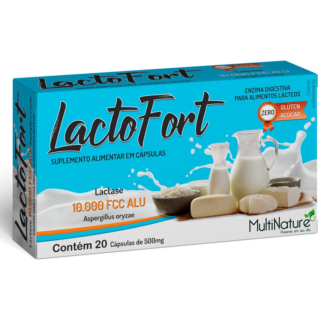 1x Enzima Lactase Lacto Fort Multinature c/ 10.000 FCC 20 Cápsulas 500mg [p/ Intolerância a Lactose] - Envio Express