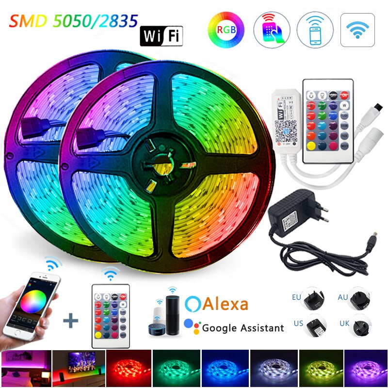 Adiodo 5m 10m 15m WiFi LED tira luz RGB impermeável SMD 5050 DC12V rgb díodo de fita flexível WiFi Contoller + adaptador de energia LED