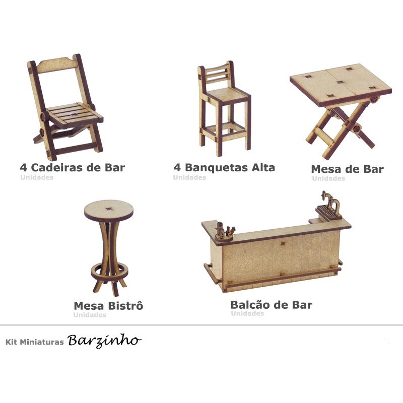 Kit de Móveis Miniatura MDF - Barzinho - Móveis para Maquetes, Trabalhos Escolares e Trabalhos Artísticos