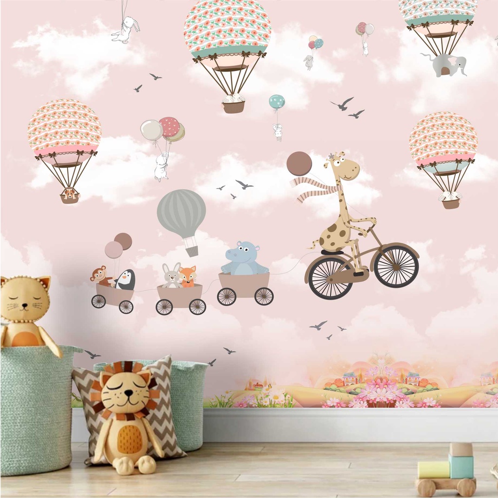 Papel De Parede Infantil Balão Nuvem Zoo Safari Painel Adesivo G1081