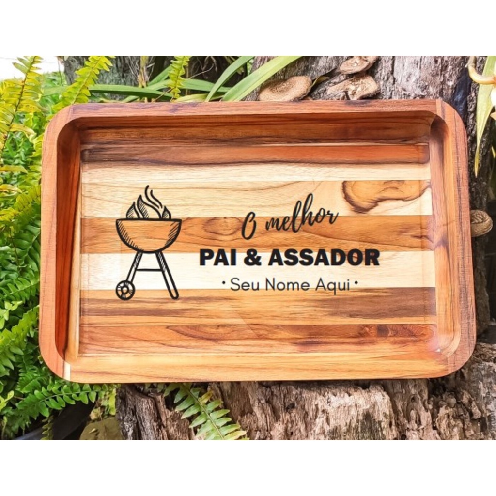 Gamela Teca Retangular 48x32cm Personalizada O Melhor Pai e Assador