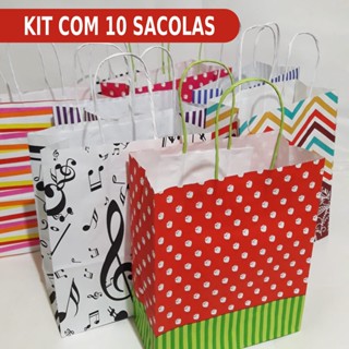 Sacolas Coloridas de papel - Pacote com 10 Unidades - com alça de cordão 18cmx9cmx22cm em Oferta na Shopee