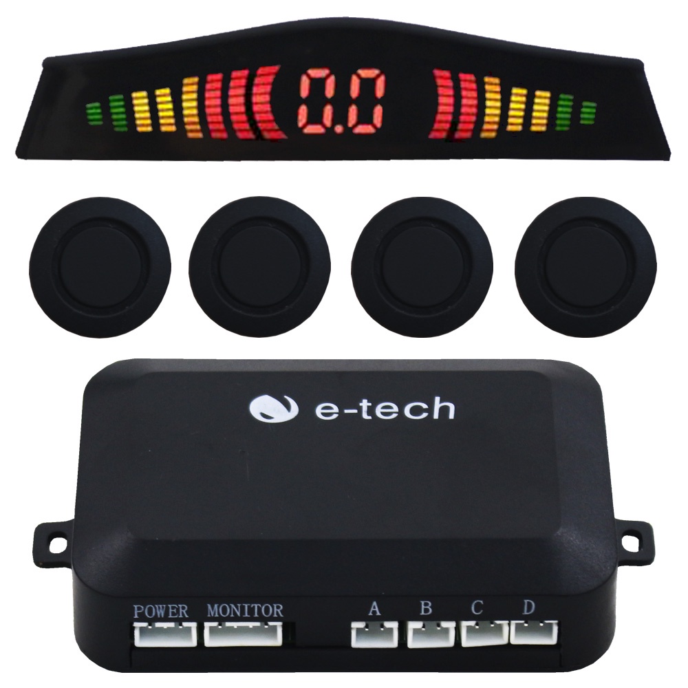 Sensor Estacionamento Ré 4 Pontos Emborrachado E-Tech Universal Preto Traseiro Display Led Kit em Oferta na Shopee